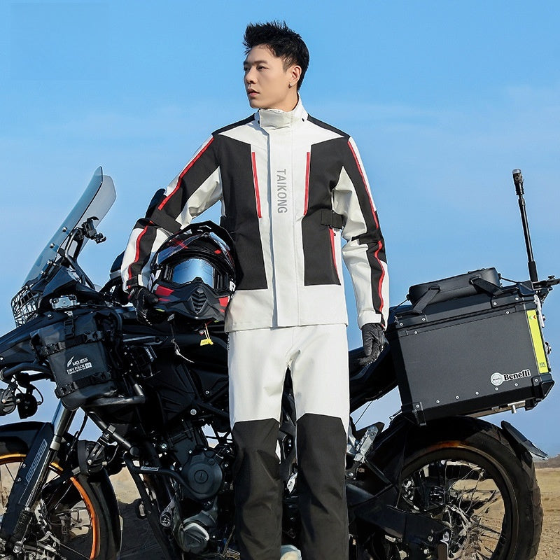 Heavy-Duty Motorcycle Rain Suit, White/Black Waterproof Riding Set